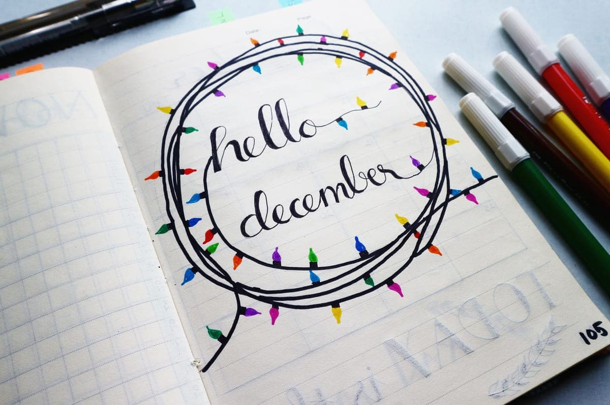 A bullet journal spread with a pen