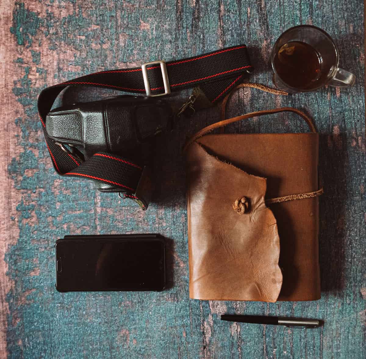 A leather journal resting on a table